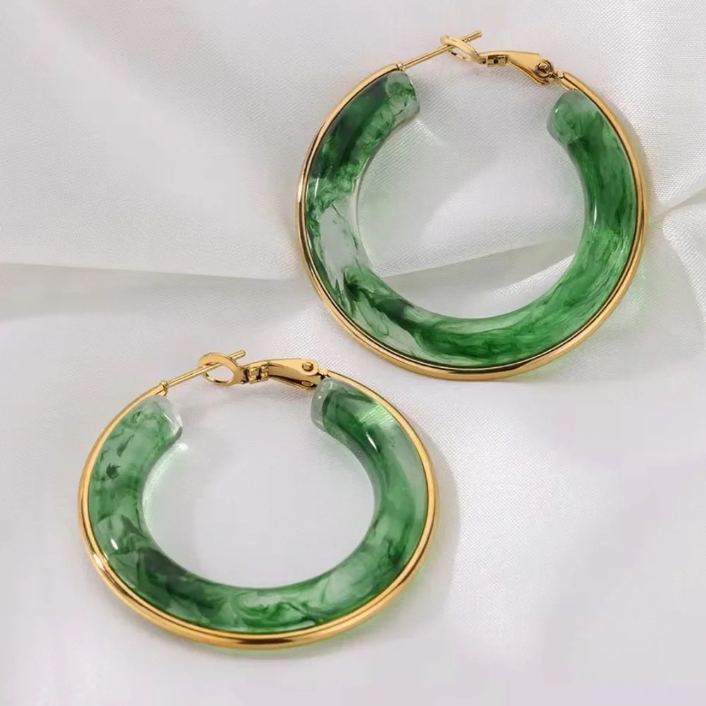 New Bohemian Acrylic Big Hoop Earrings (Stainless Steel Gold Color) Trend New - Picture 3 of 4